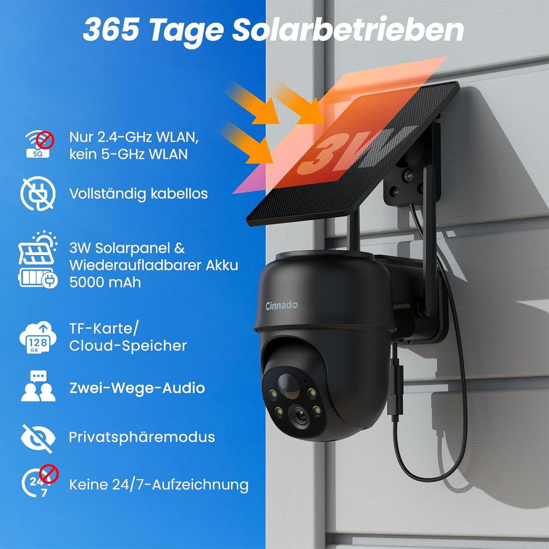 Cinnado überwachungskamera aussen akku solar - 2K kamera überwachung aussen wlan kabellos solarpanel
