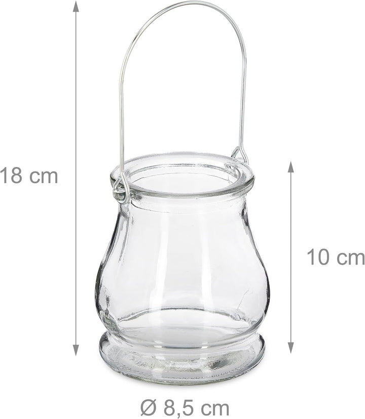72 x Windlicht, aus Glas, Henkel zum Aufhängen, innen &amp; aussen, Teelichthalter, H x D: 10 x 8,5 cm,
