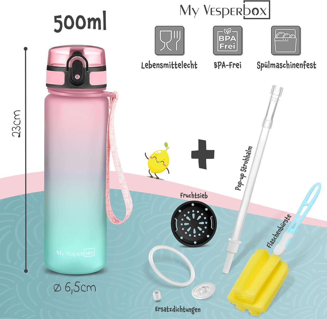 My Vesperbox – Minny - Kinder Trinkflasche auslaufsicher – 500ml – mit Strohhalm oder Sieb - leichte