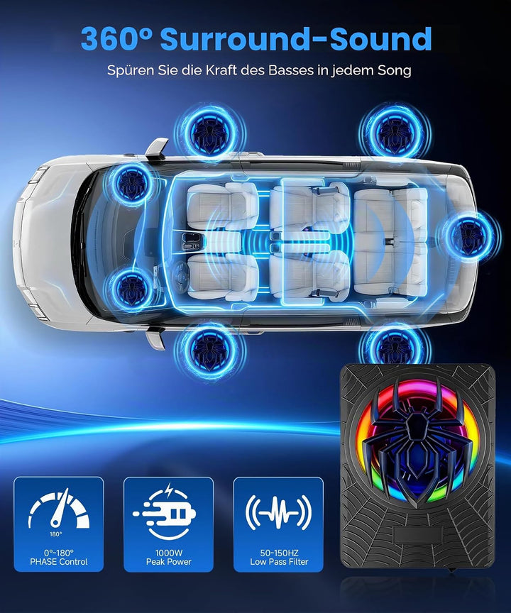 Hodozzy 1200W RGB-Subwoofer, Schlanker Unter-Sitz-Subwoofer für Autos und Verstärker-Paket mit RGB-B