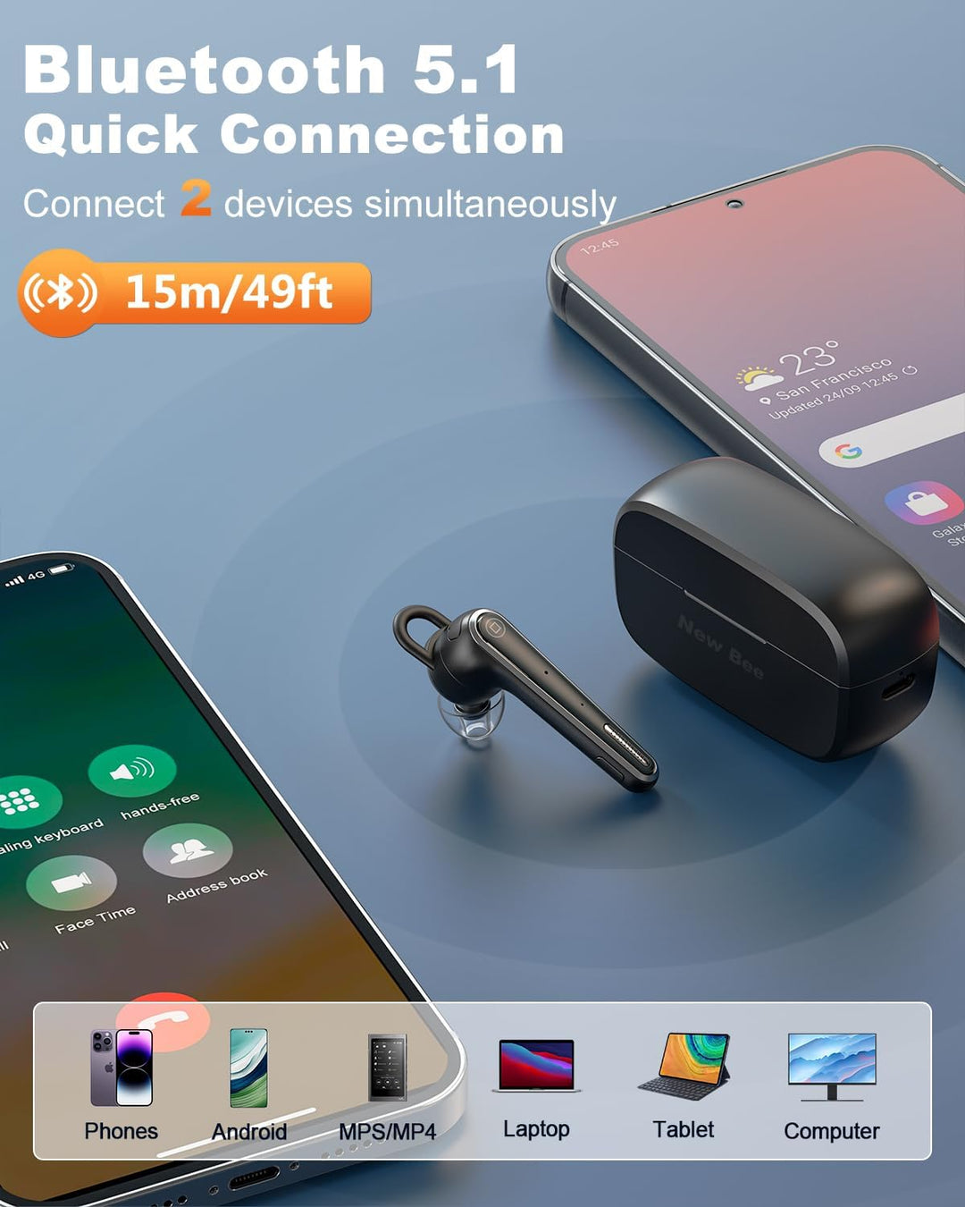 New Bee Bluetooth Headset Ultraleicht Wireless Freisprech Headset V5.1, CVC 8.0 Dual ENC Geräuschunt