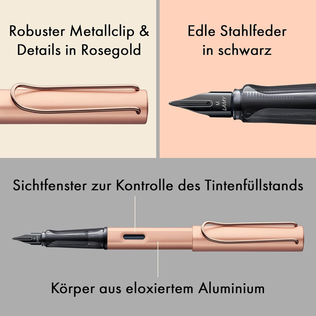 LAMY Lx Füllhalter 076 – Füller aus Aluminium in der Farbe Roségold mit transparentem Griffstück und