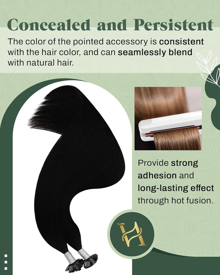Ugeat 55cm Flat Tip Extensions Echthaar 1g/Strähnen Keratin Bonding Extensions Echthaar Dunkelstes S