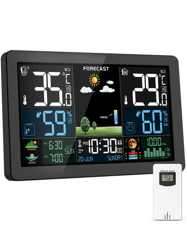 Wetterstation Funk mit Aussensensor, Farbdisplay, Wettervorhersage, Temperatur, Luftfeuchtigkeit, We