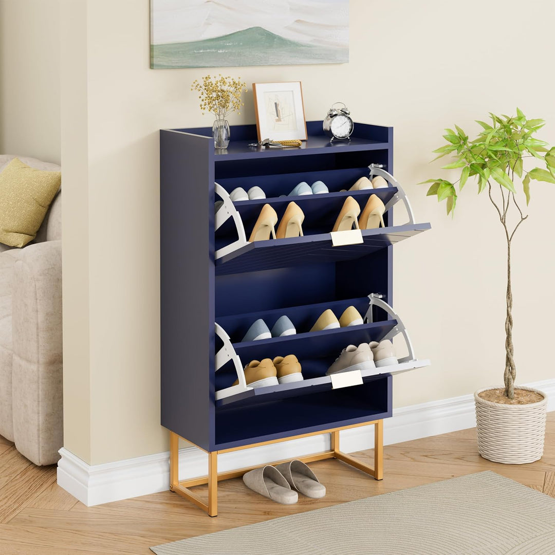UEV Schuhschrank mit 2 Klappen Schmal, Schuhkipper für Flur Wohnzimmer, Schuhkommode mit Kippschutz,