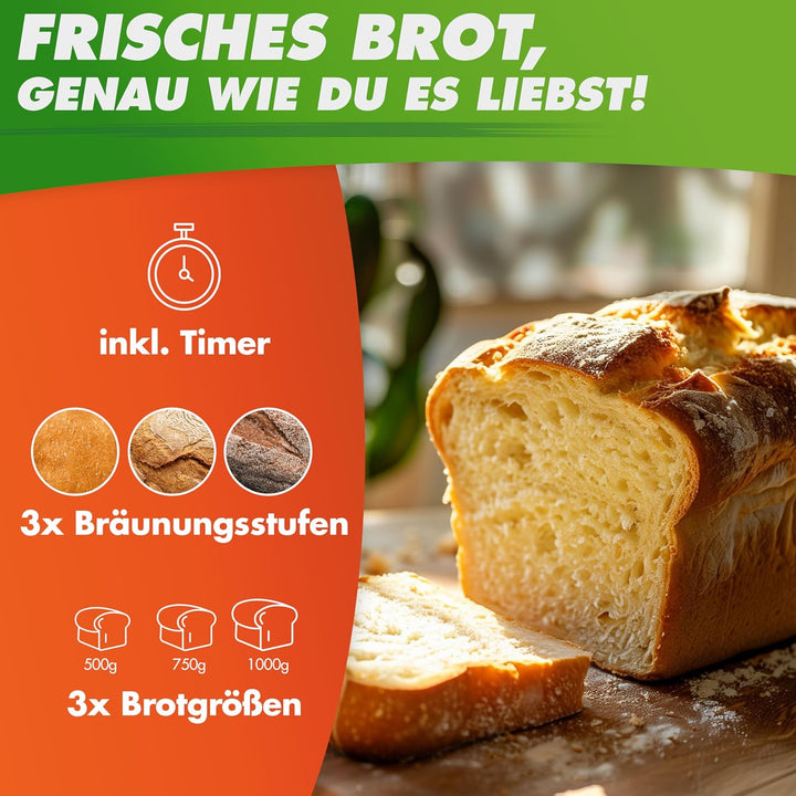 Nutrilovers NUTRI-BREAD-MAKER Edelstahl Brotbackautomat mit 19 Programmen, 3 Bräunungsstufen, Timer,