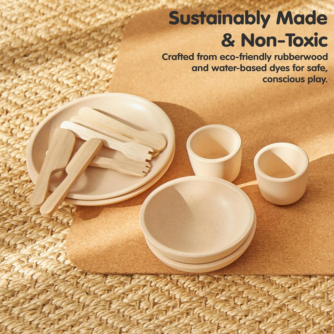PlanToys Geschirr-Set - Kinderküche Zubehör - Geschirrset aus Holz - Holzspielzeuge 2 Jahre - Set Te