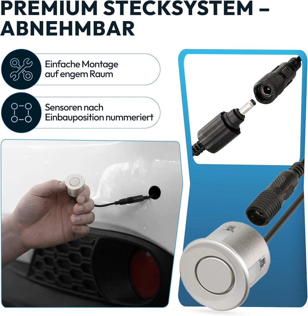 VSG24 Einparkhilfe Set hinten mit 4 Sensoren in Silber – robuste PDC Parkhilfe für Auto, SUV & Trans