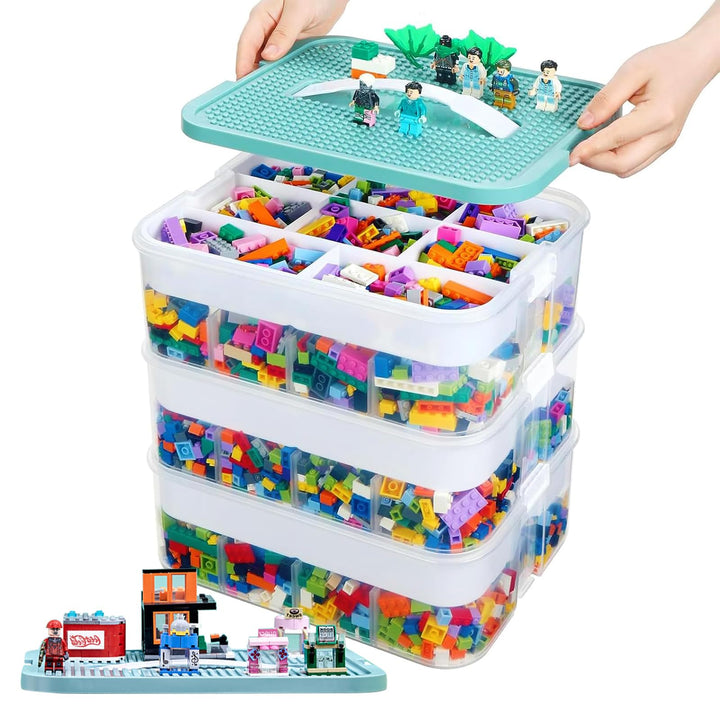 Kinder Aufbewahrungsbox mit Deckel für Lego Bausteine, 3 Stufen Aufbewahrungsboxen für Lego, Stapelb
