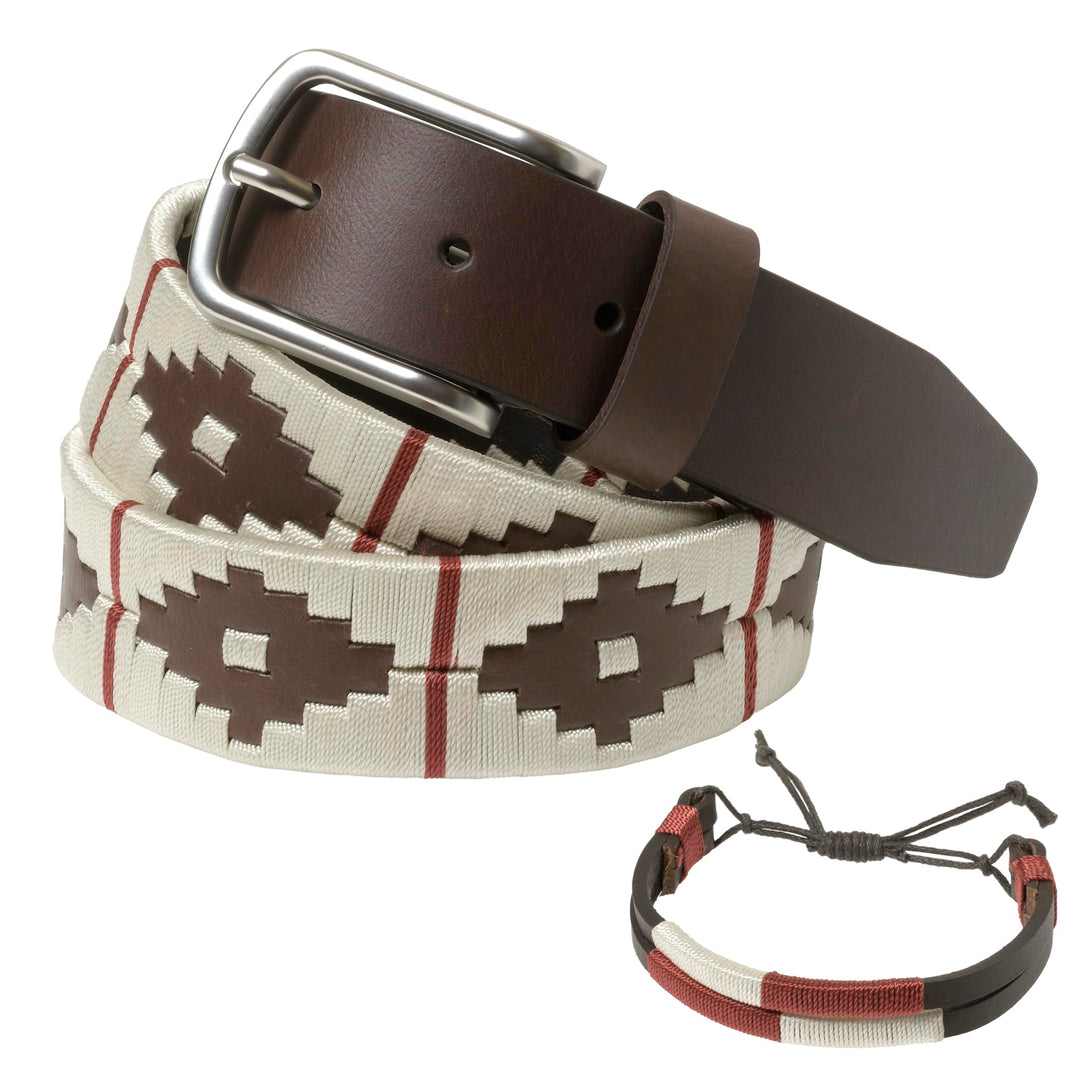 PELPE Argentinischer Ledergürtel mit passender Schnur und Lederarmband. Auf Leder gestickter Gürtel