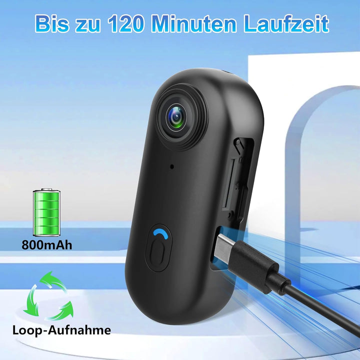 Actionkamera HD 1080P mit WiFi, Kleine wasserdichte Kamera 30M (IPX8) | 120 Min Akkulaufzeit | 360°+