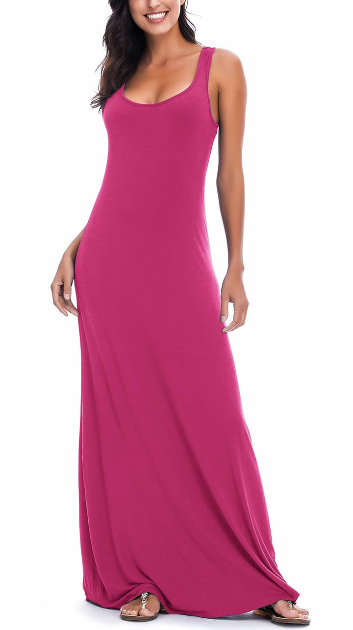 EXCHIC Damen Sommer Leichte Ärmellos Strand Maxi Kleid Elegant Elastisch Tunika Lang Kleider L Rosa,