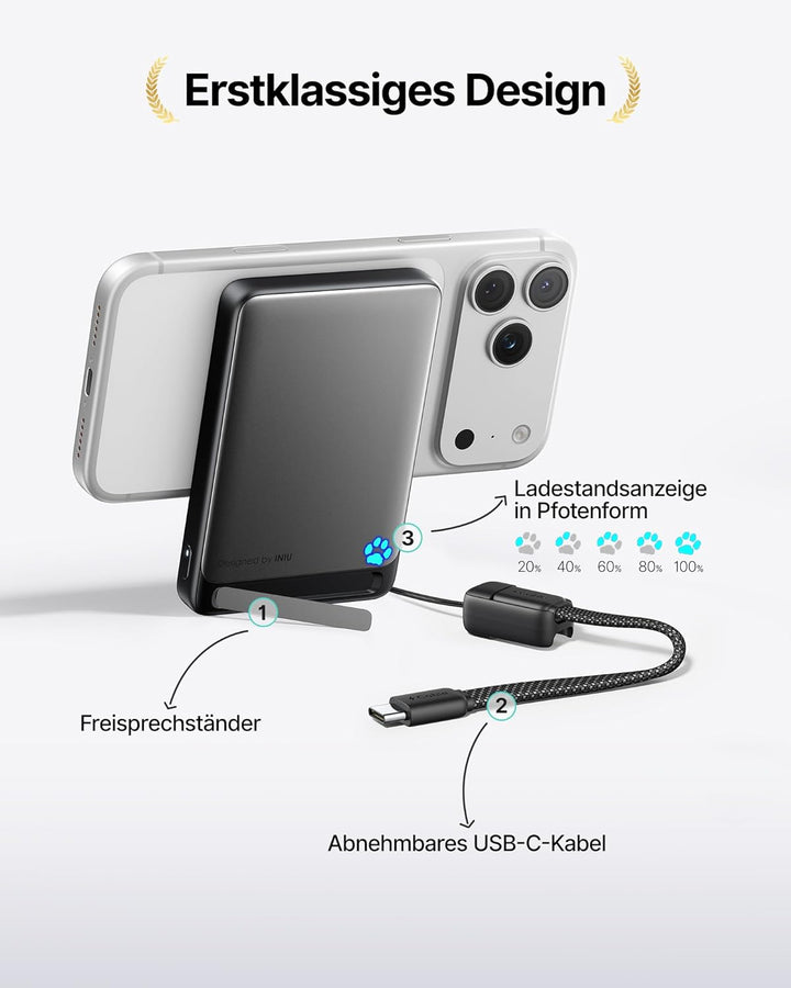 INIU Ultra-schlank 10000mAh Power Bank für MagSafe, Original Qi2-zertif Wireless Fast Charging, 45W