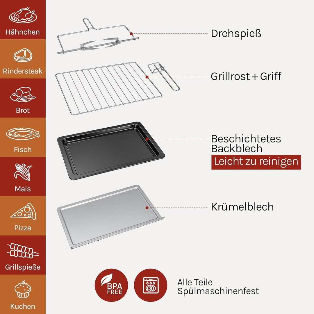 WOLTU Mini Backofen 32 Liter, 1600 Watt Toasterofen | Pizzaofen | Herausnehmbares Krümelblech mit Ti