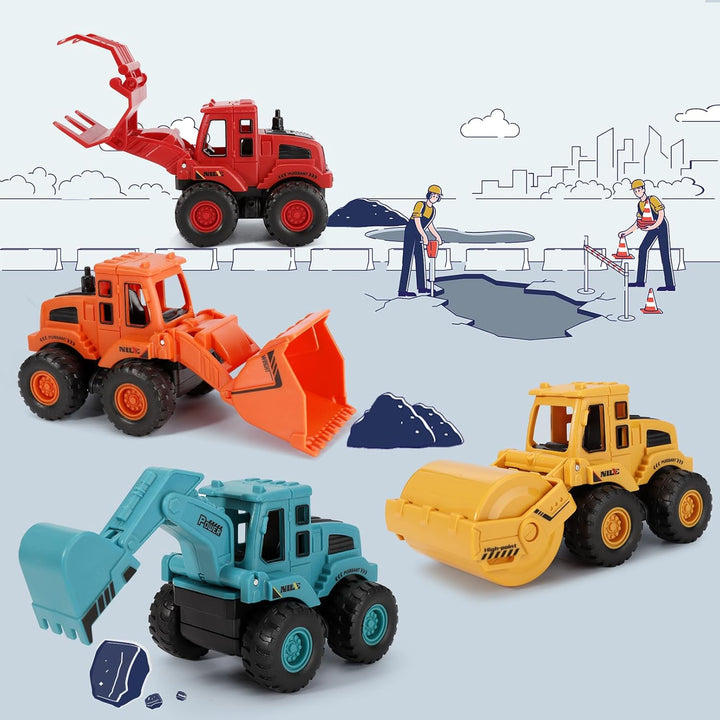 4 Stück Bagger Spielzeug, Push and Go Baufahrzeuge Spielzeug, Minibagger Spielzeugauto Auto Spielzeu