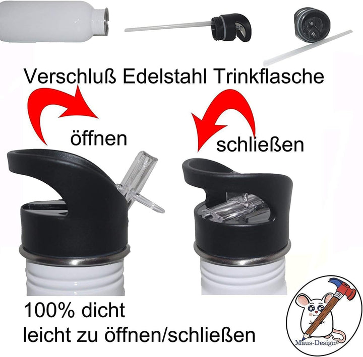 Trinkflasche mit Name/wahlweise 400ml, 500ml oder 600ml + Schriftwahl für Name + Edelstahl oder Alum