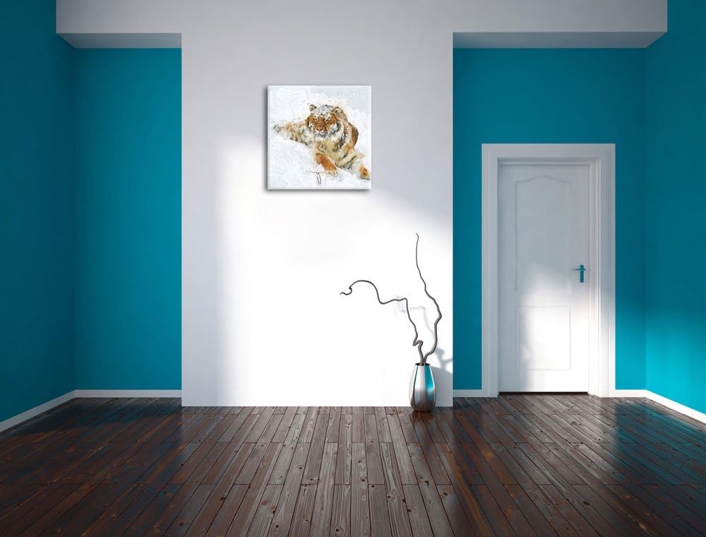 Pixxprint Amur Tiger im Schnee als Leinwandbild | Grösse: 70x70 cm | Wandbild | Kunstdruck | fertig