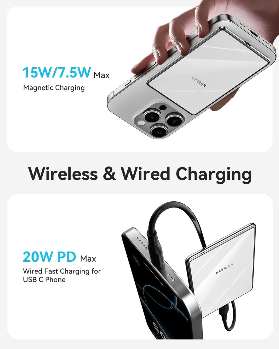 Kuulaa Ultra Slim PowerBank, 5000 mAh, MagSafe PowerBank mit Type C 20W Ausgangsleistung, Schnelllad
