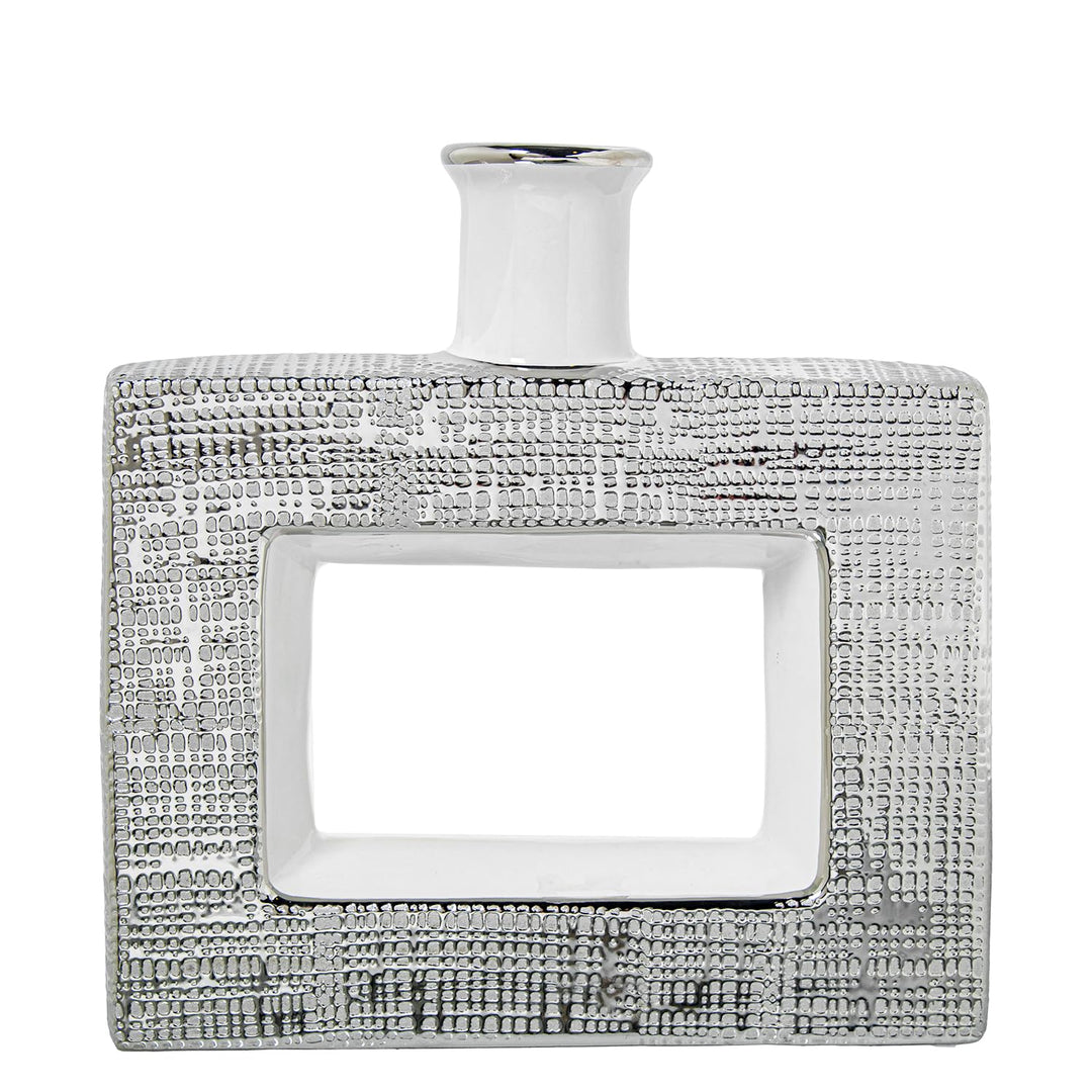 JARRON CERAMICA AGUJERO 24CM PLATA/BLANCO BRILLO_24X6X24CM
