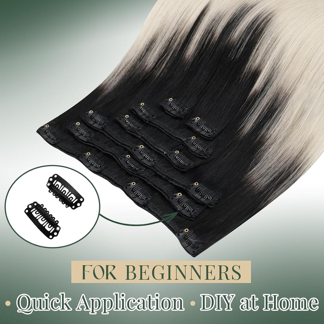 Ugeat Clip in Extensions Schwarz Blond Haarextension Echthaar Clips 55cm Schwarz bis Aschblond mit P