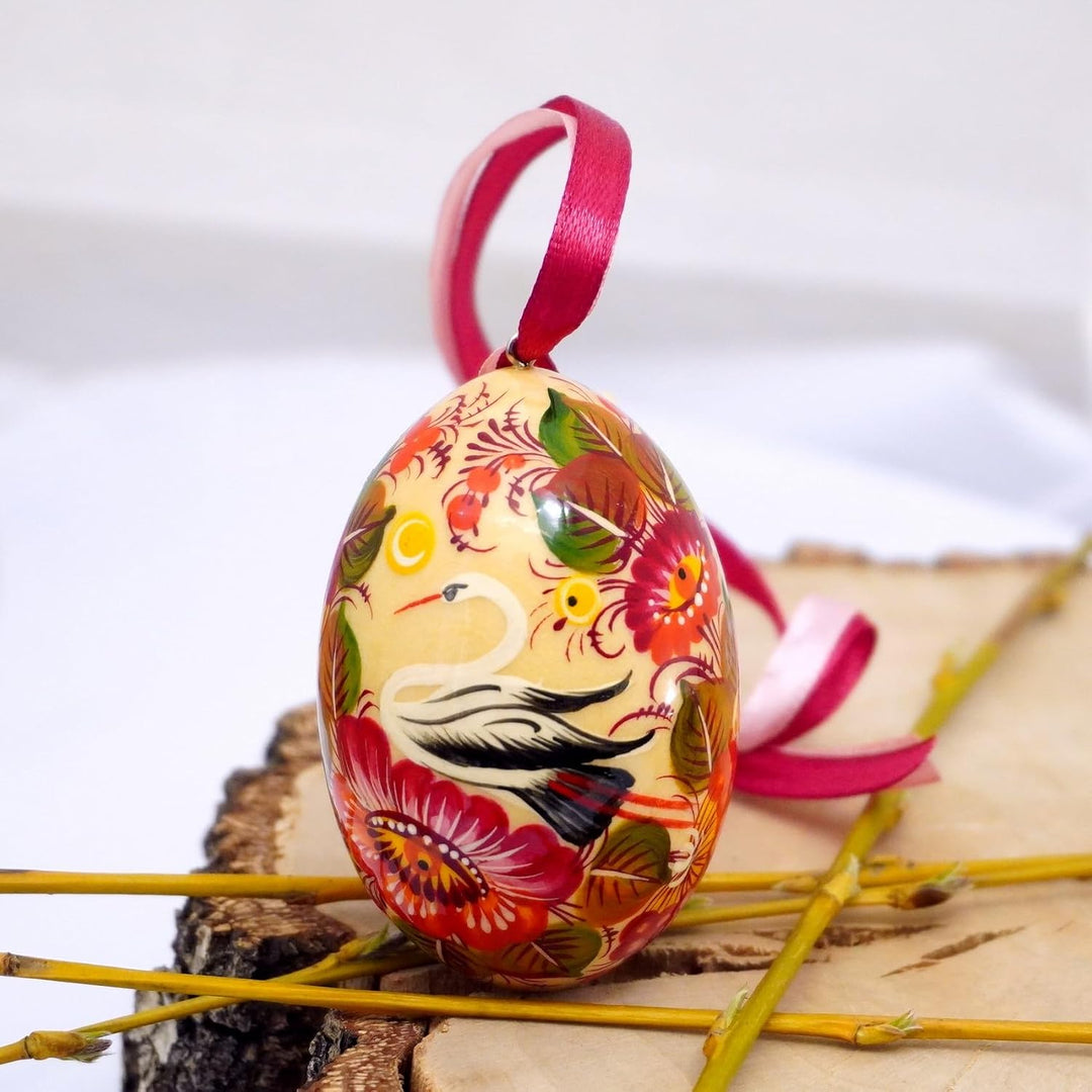 Handbemalte Ostereier zum Aufhängen aus Holz mit Störche und Schönem Blumenmuster, 6-7 сm Ukrainisch