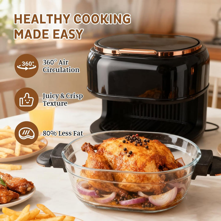 Heissluftfritteuse 5L Airfryer, 9-in-1 mit Glas-Korb &amp; LED-Touchscreen, 24h Timer, Sichtfenster, ges