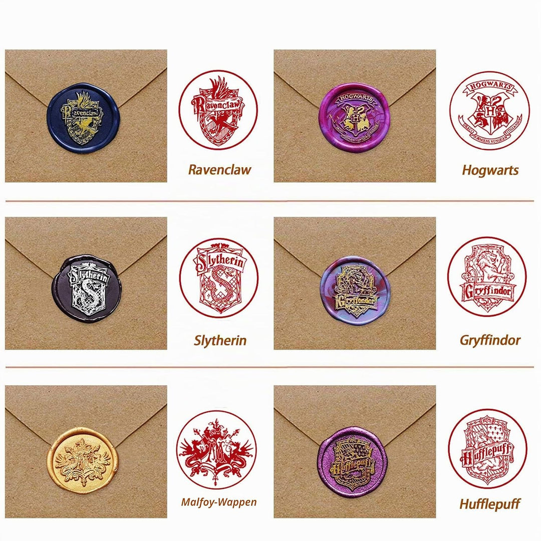 Hogwarts Siegelstempel Set, 7 Pcs Hogwarts Magische Wachssiegel Stempel Set und 1 Pcs Holzgriff, Vin