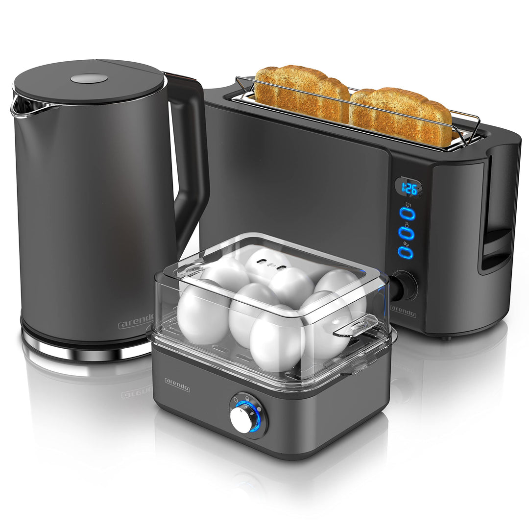 Arendo - Wasserkocher mit Toaster und Eierkocher SET Edelstahl Cool Grey Wasserkocher 1,5L 40° - 100