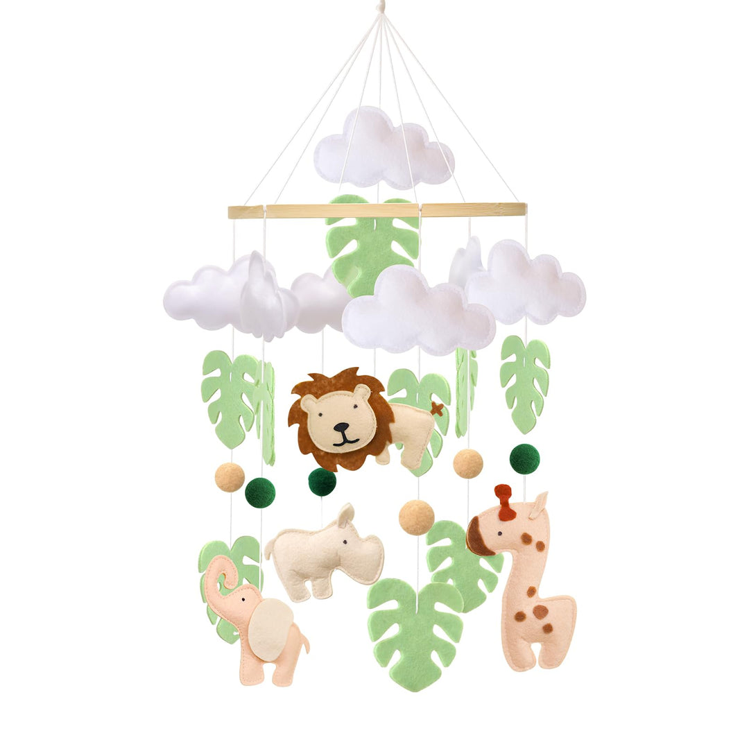 Waldtiere Mobile Baby Windspiele, 3D Löwe, Giraffe, Elefant, Nashorn, Grünes Blatt Mobile Baby Holz