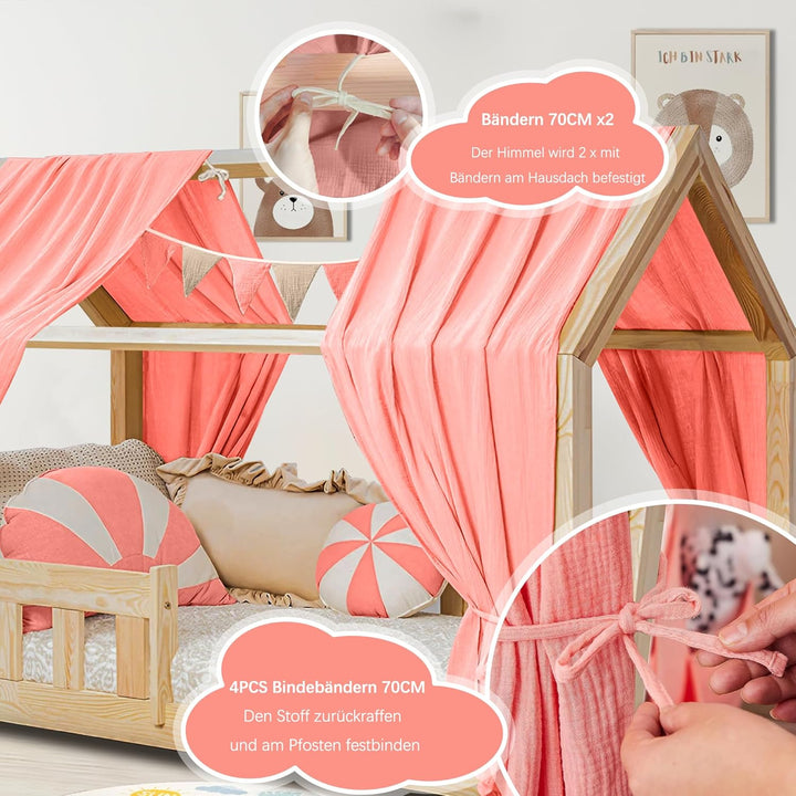 Hausbett Himmel Deko Set, Betthimmel Hausbett aus Musselin - 2 Betthimmel & 1 Wimpelkette, für Junge