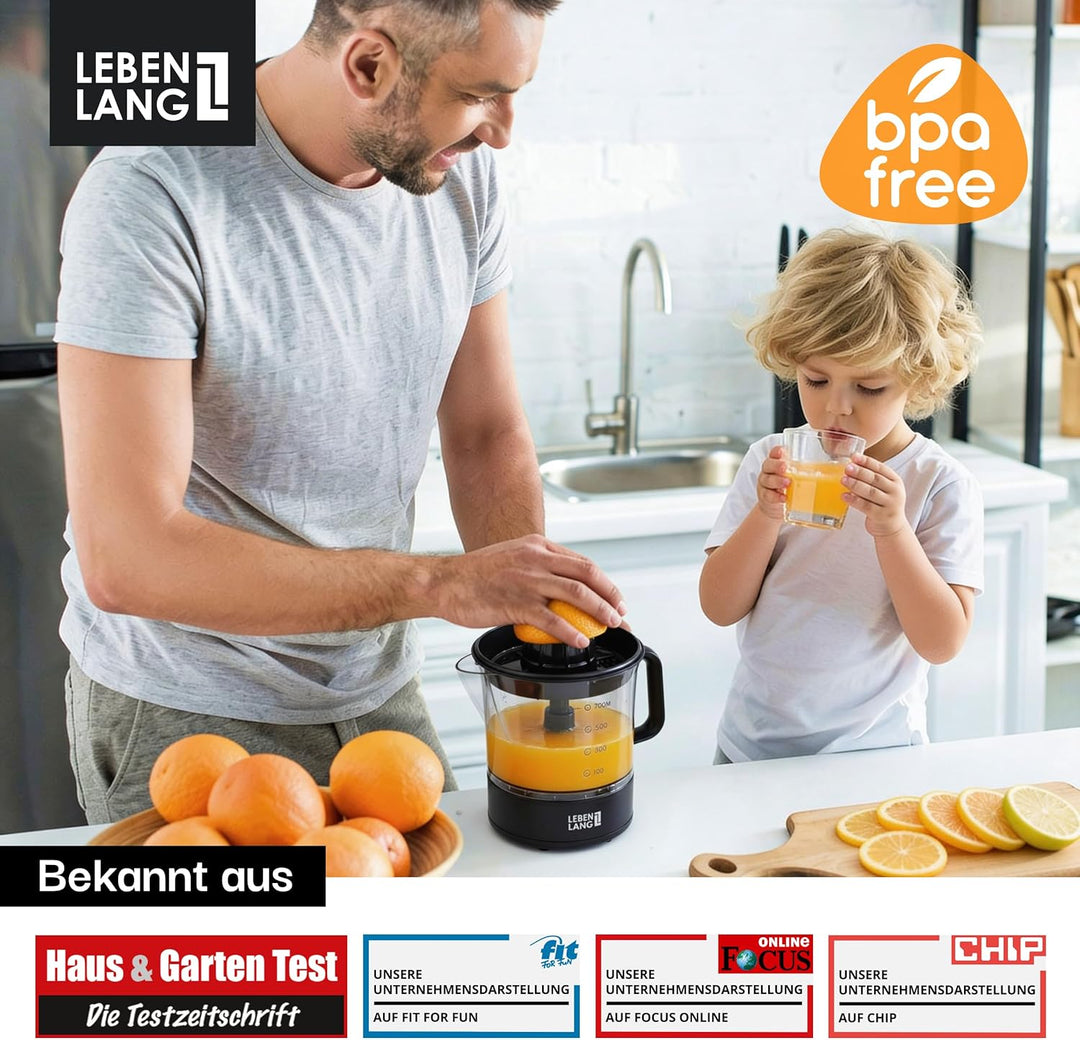 LEBENLANG Zitruspresse elektrisch - 2 Kegel & BPA-Frei I Hohe Saftausbeute I 700ml Orangenpresse ele