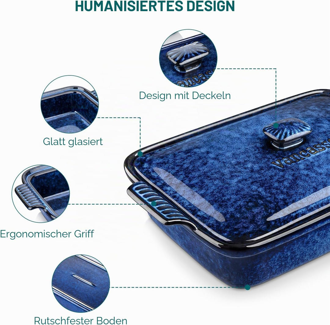 Auflaufform mit Deckel, vancasso STARRY Brotbackform aus Steingut, eckige Lasagneform Ofenform für B