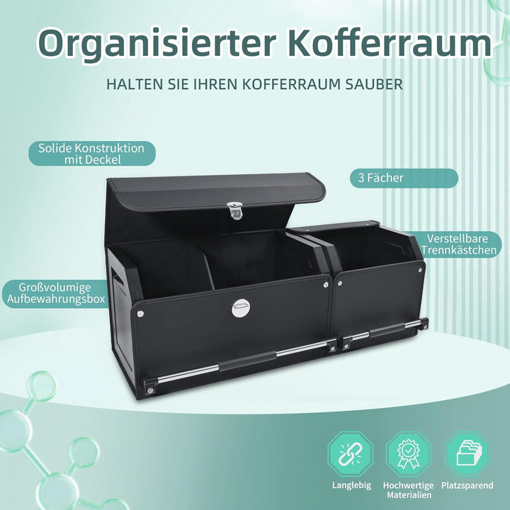 Auto Kofferraum Organizer mit Deckel – 2-in-1 Modulares XXL-Aufbewahrungsbox, Multifunktionaler Koff