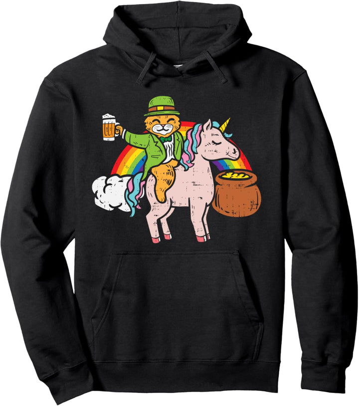 Beer Leprechaun Cat On Unicorn St Patricks Day Drinking Gift Pullover Hoodie