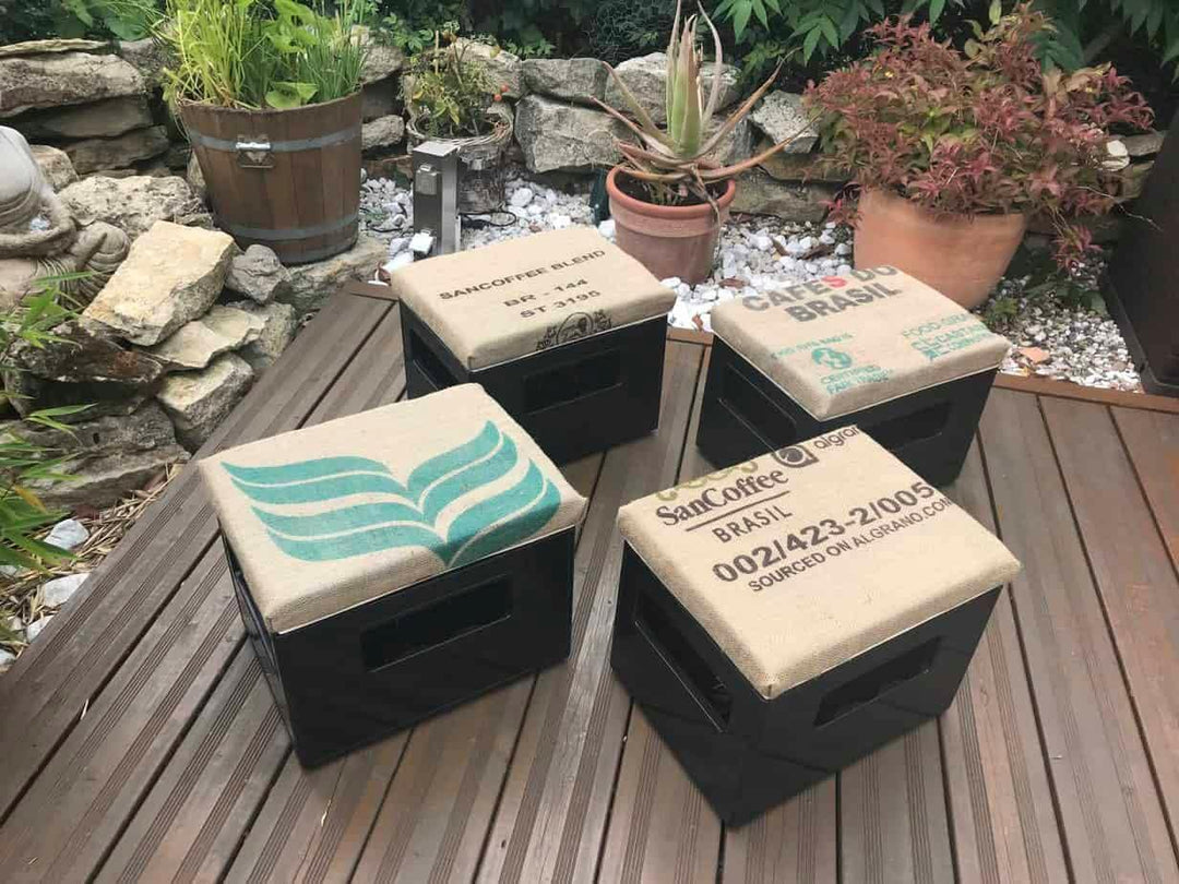 gepolsterter Bierkastensitz, Hocker, Sitzauflage für Getränkekisten mit echtem originalen Kaffeesack