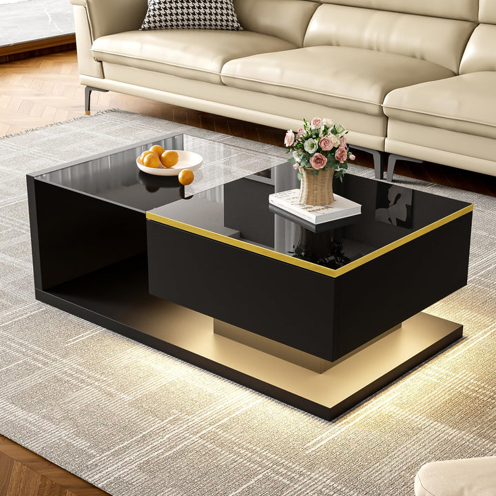 Merax Moderner LED Couchtisch, Wohnzimmertisch mit Stauraum, Hochglanz-Schwarz Beistelltische, Couch