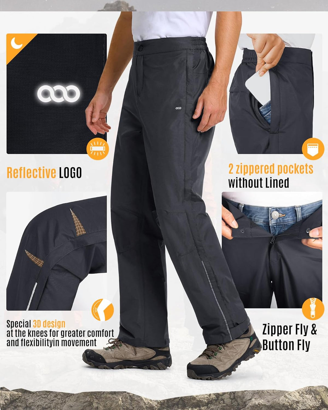 33,000ft Regenhose Herren Wasserdicht Full Zip Wanderhose, Atmungsaktiv 2-Lagen Überziehhose Fahrrad