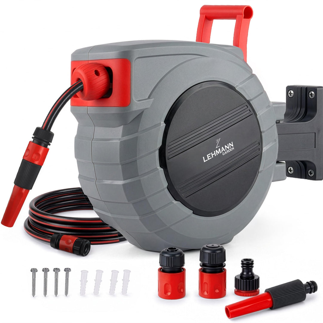 LEHMANN Wand-Schlauchbox 15 m + 1,5 m, Schlauchtrommel für Gartenbewässerung, Automatischer Schlauch