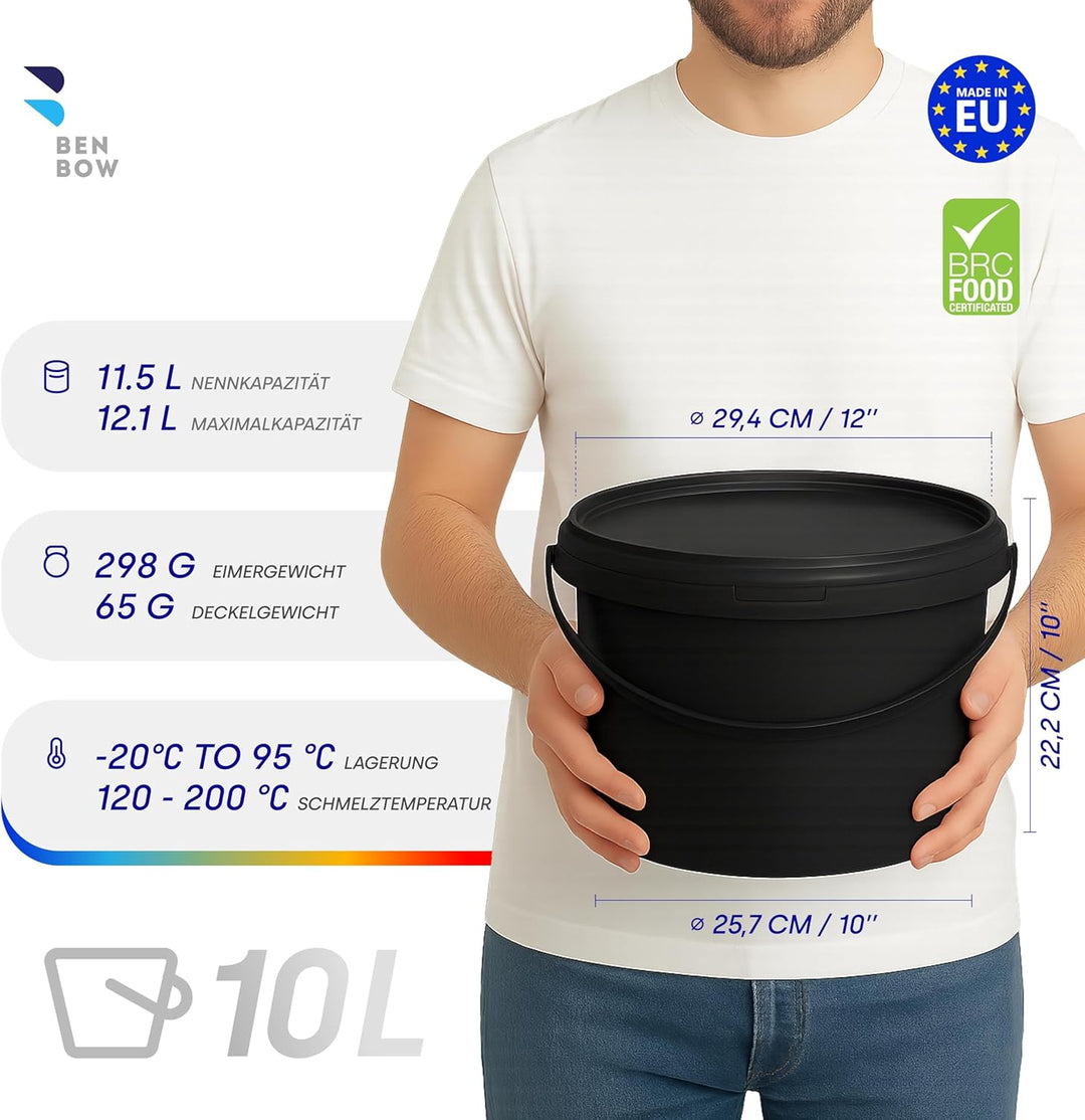 BenBow Eimer mit Deckel 10l Schwarz 20x 10 Liter - lebensmittelecht, stabil, luftdicht, auslaufsiche