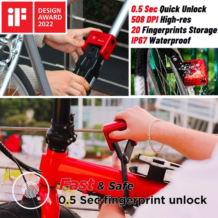Smartes Faltschloss mit Fingerabdruck und App, Kompakt und Diebstahlsicher (Hero Red)