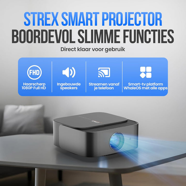 Strex Beamer - Smart 1080P Full HD Projektor - 4K Unterstützung - WiFi & Bluetooth - Eingebaute Laut