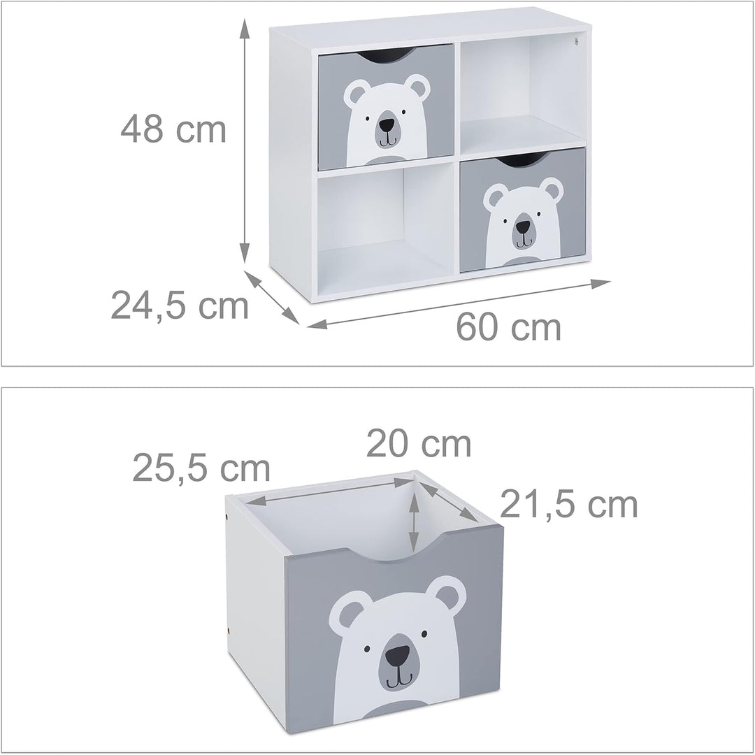 Relaxdays Kinderregal Bär, 2 Schubladen, 2 offene Fächer, H x B x T: 48 x 60 x 24,5 cm, Bücherregal