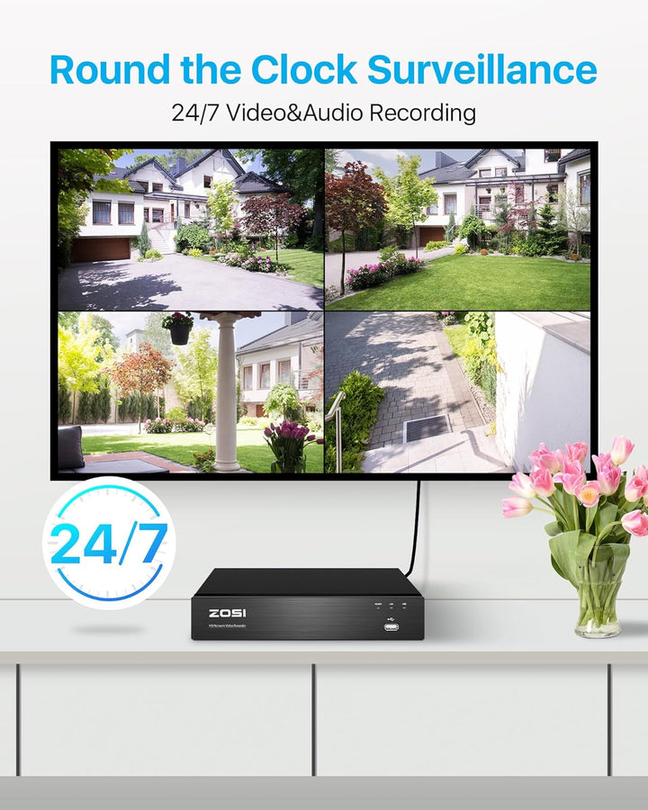ZOSI 5MP Überwachungskamera Aussen Set, 8CH 4K 2TB HDD NVR und 4X 5MP PoE IP Outdoor Kamera, 2-Wege