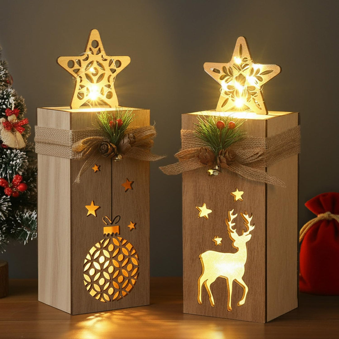 Holz Weihnachtsdeko mit LED Licht I 2er Set beleuchtete Holzdeko Weihnachten mit Elch &amp; Stern I Weih