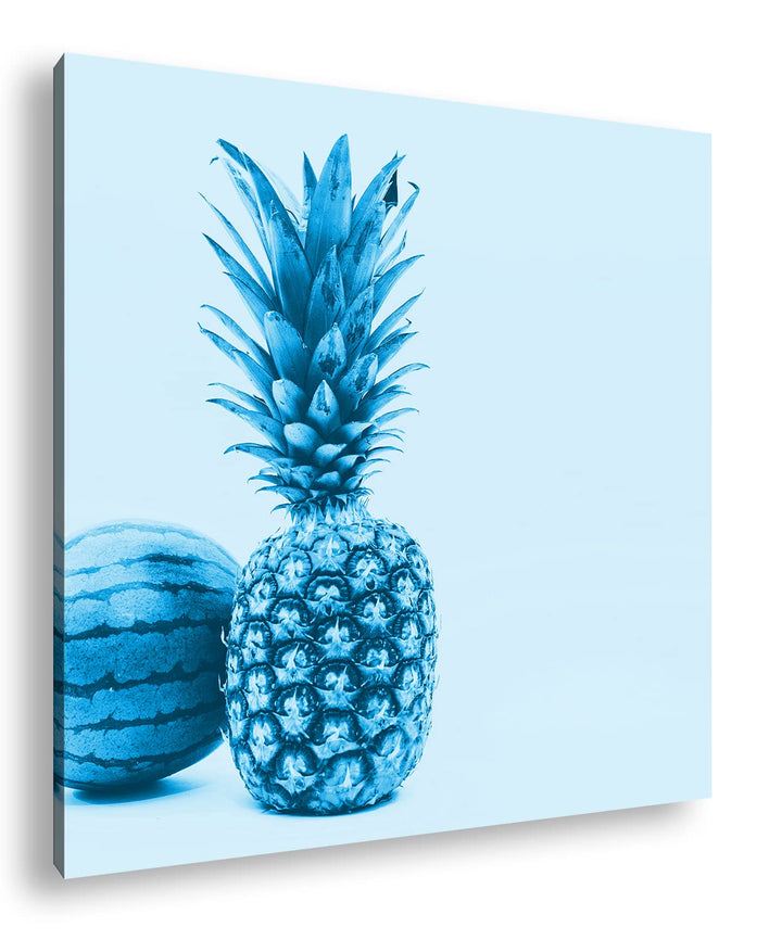 Ananas Melone Format: 70x70 Effekt: Monocrome Blau als Leinwand, Motiv fertig gerahmt auf Echtholzra