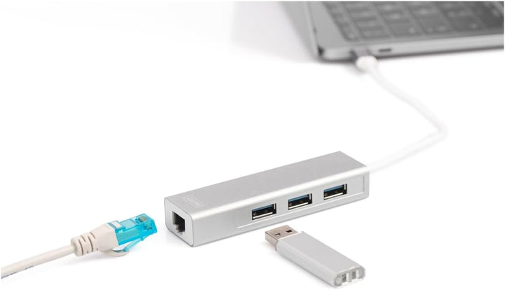 DIGITUS USB 3.0 Typ C 3-Port Hub mit Gigabit Ethernet Adapter, 3x USB A, 1x RJ45 LAN, Silber USB 3.0