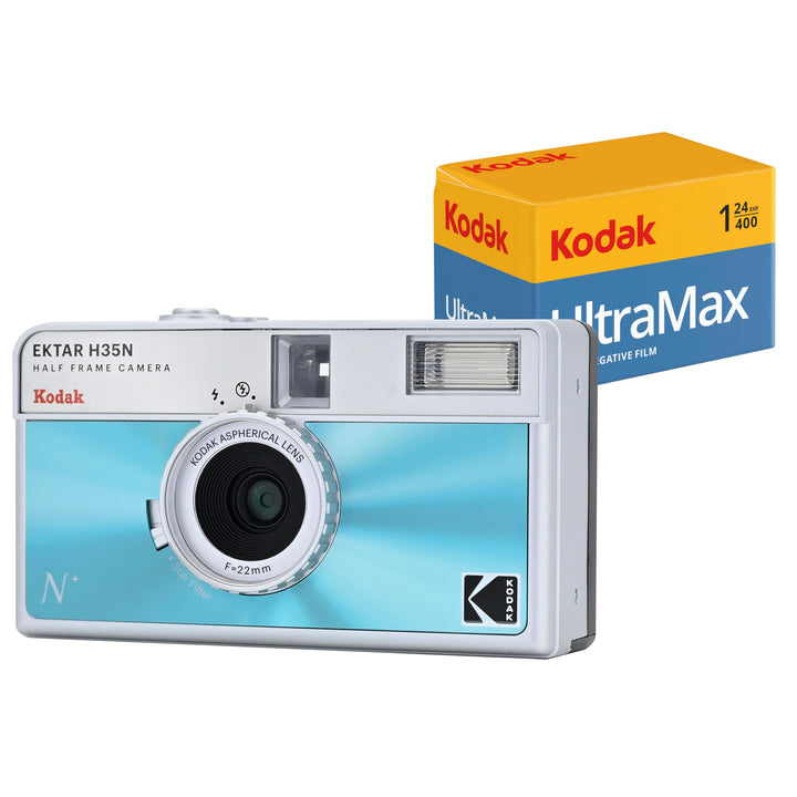 KODAK EKTAR H35N Halbformat-Filmkamera-Set mit Kodak Ultramax 400/24EXP 35 mm Rollfilm (Blau glasier