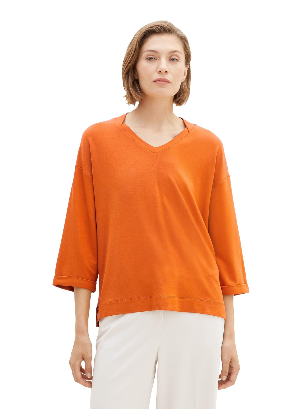 TOM TAILOR Damen Basic T-Shirt mit 3/4-Arm &amp; V-Ausschnitt XL 19772-gold Flame Orange, XL 19772-gold
