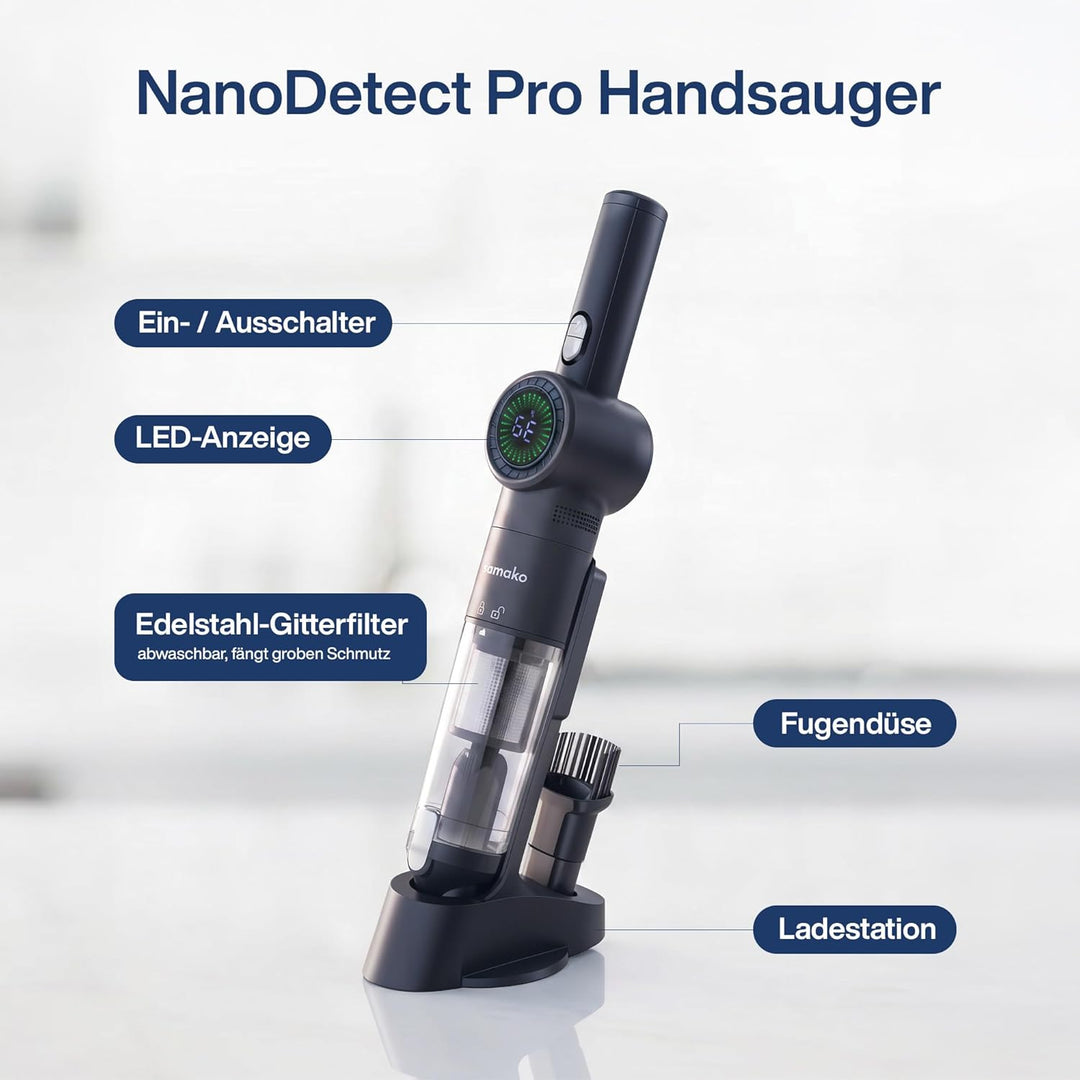 Samako NanoDetect Pro 135W Auto Handstaubsauger Akku, kabelloser Handsauger mit HEPA-Filter, Auflade