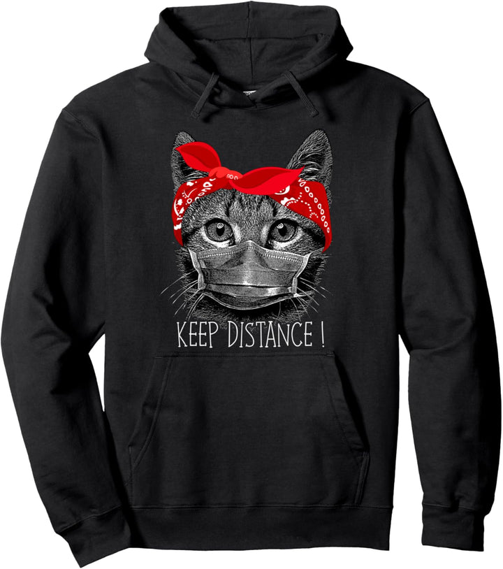 Abstand Halten - Katze Kätzchen mit Mundschutz Gesichtsmaske Pullover Hoodie